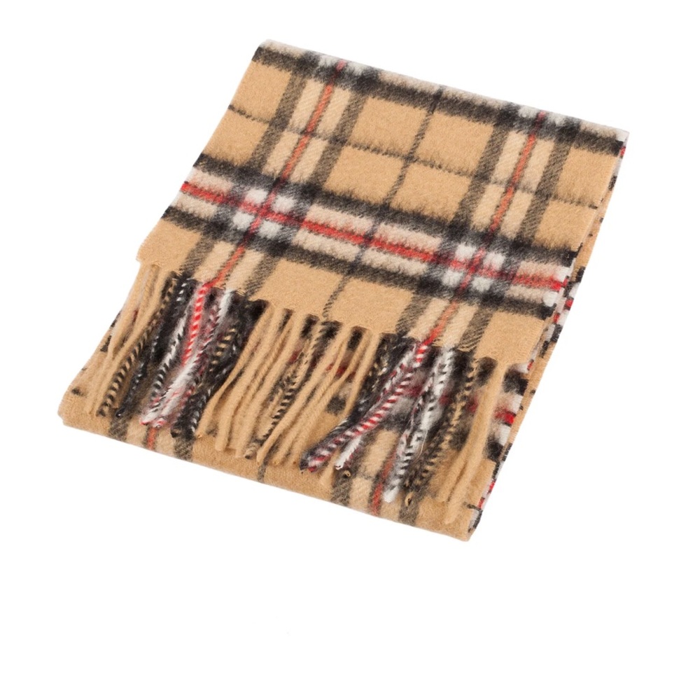 House of Edinburgh Touch of Cashmere Tan Red Black White Plaid Fringe Scarf